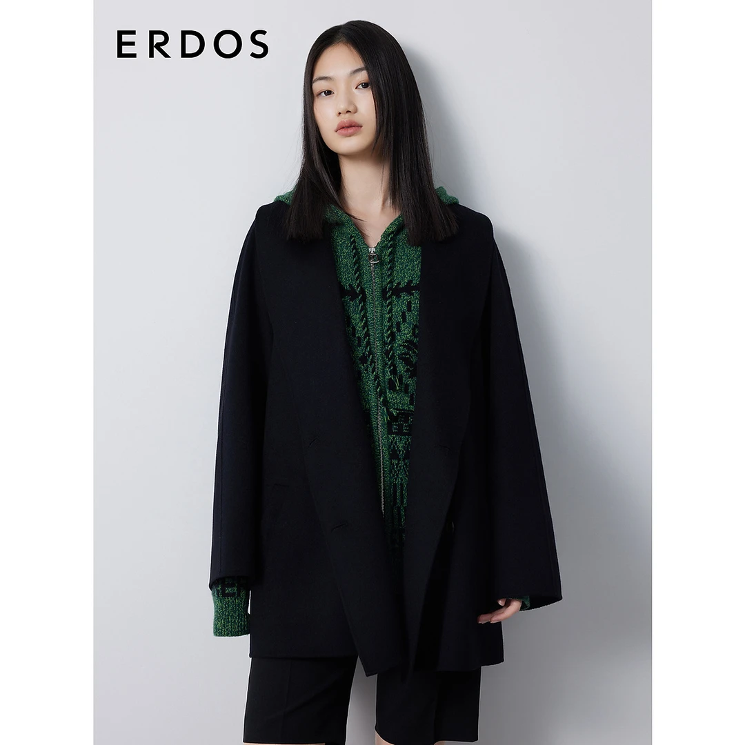 ERDOS 秋660g羊绒双面毛呢大衣女青果领双排扣插肩袖外套