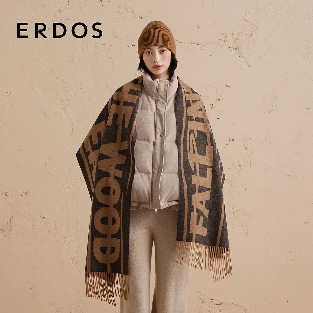 【羊绒提花】ERDOS 时尚字母针织披肩年冬新品女保暖围巾外搭