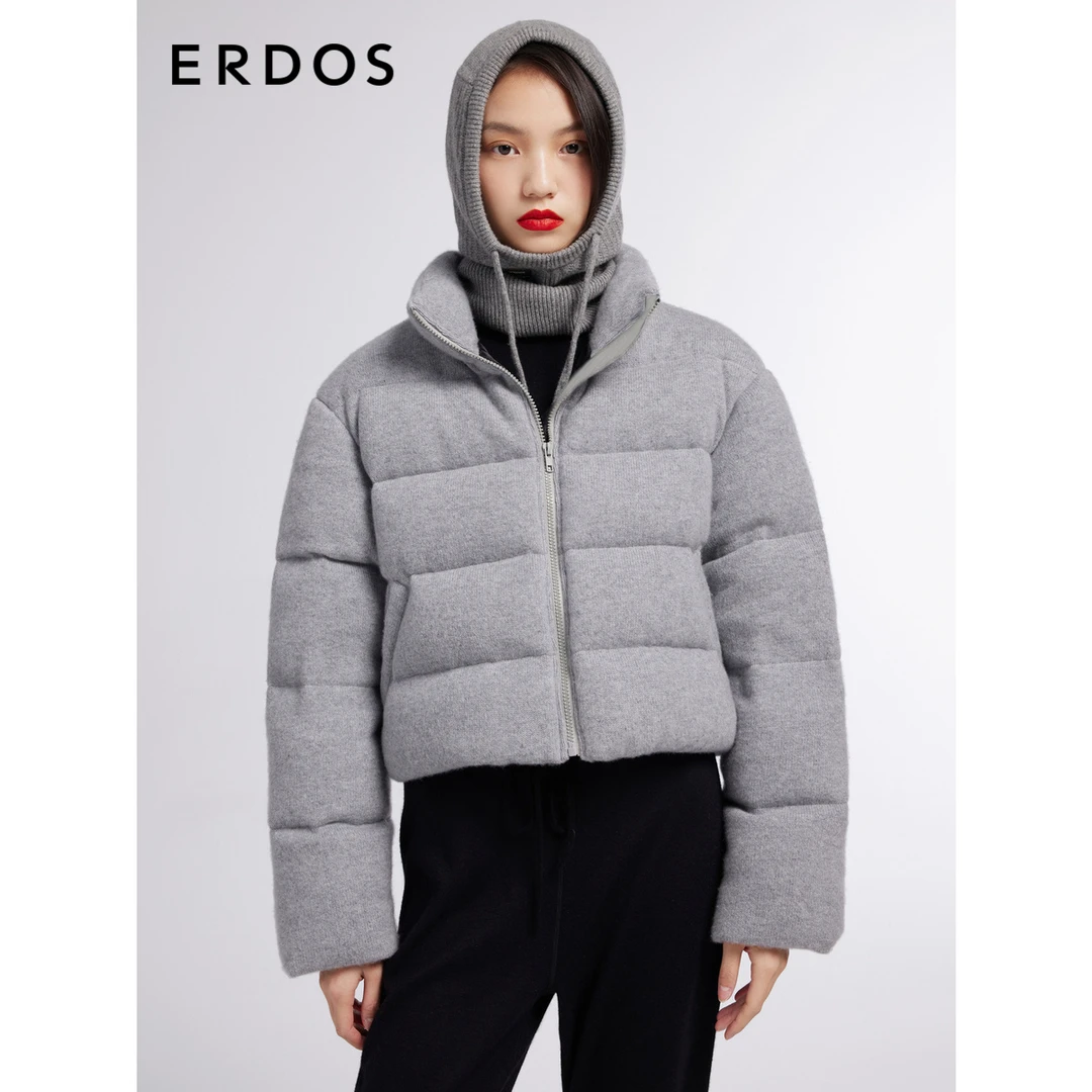 ERDOS 【绵羊毛山羊绒】女士秋冬短款面包感立领加厚保暖羽绒服