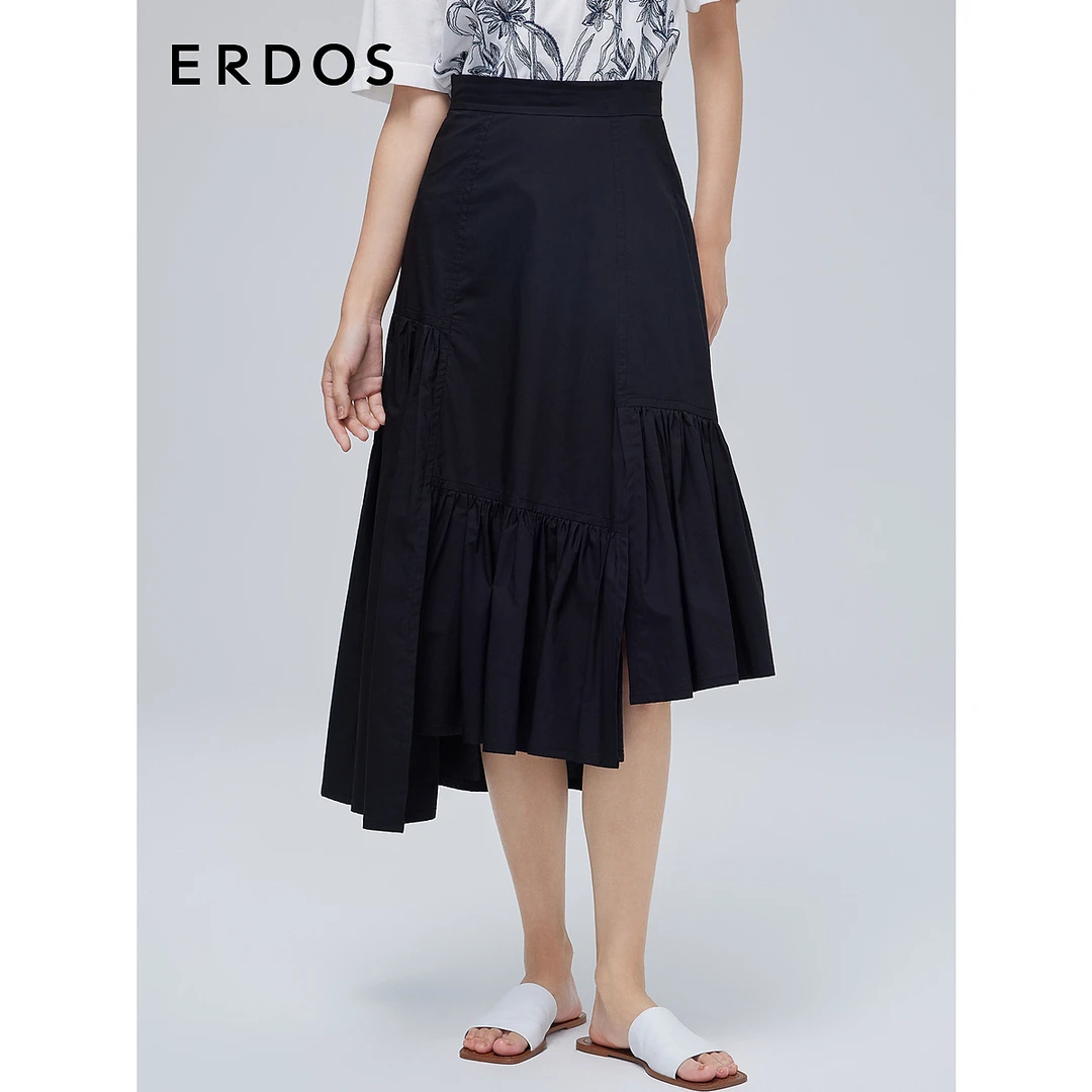 ERDOS纯棉飘逸灵动不规则下摆精致个性优雅黑色半裙23春夏新款