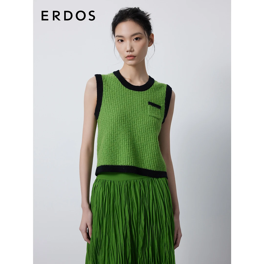 ERDOS 绒毛混苔藓绿显白提气百搭透气圆领翻花女套背心