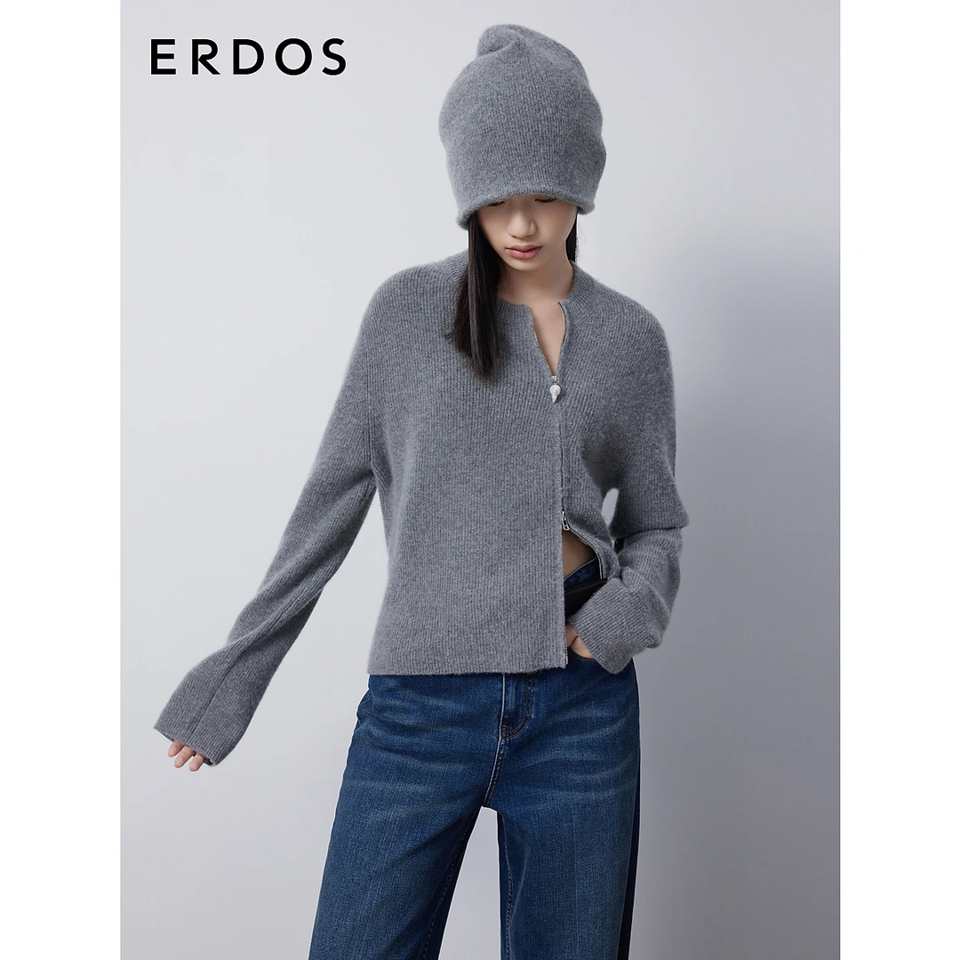 ERDOS 秋山羊绒圆领双开拉链针织开衫女巴洛克珍珠扣宽松