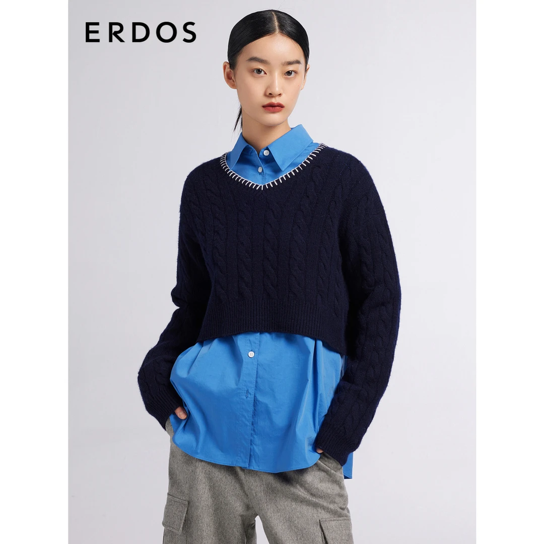 ERDOS 纯羊绒毛衣女复古学院风V领绞花短款宽松针织衫百搭舒适