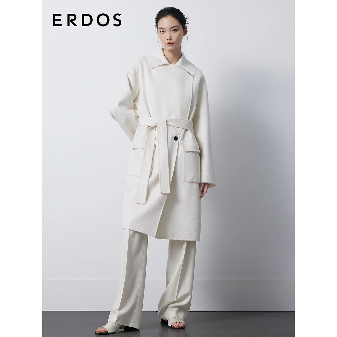ERDOS 秋两穿领型系带羊绒外套女中长款水波纹双面毛呢大衣