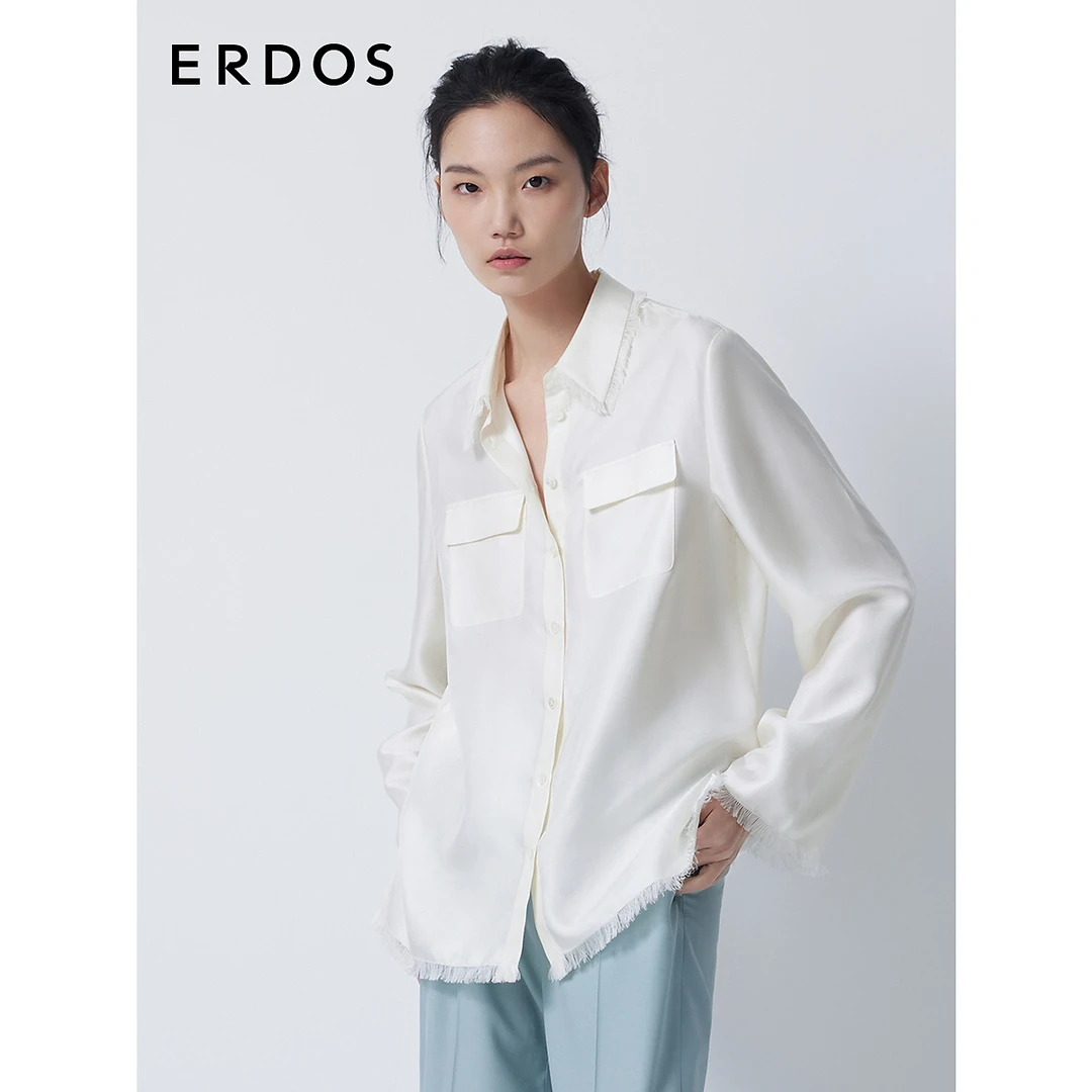 ERDOS 23秋新品白色质感真丝斜纹绸衬衫女职场流苏工装口袋衬衣