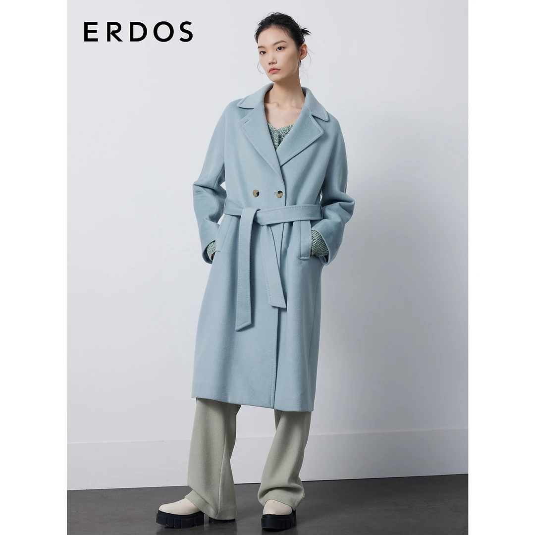 ERDOS 蓝色丝毛毛呢大衣女冬围裹长款宽松慵懒外套