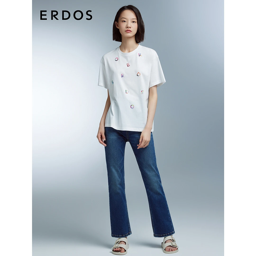 ERDOS桑蚕丝棉多巴胺色调水晶彩虹字母时尚女T恤23春夏新款