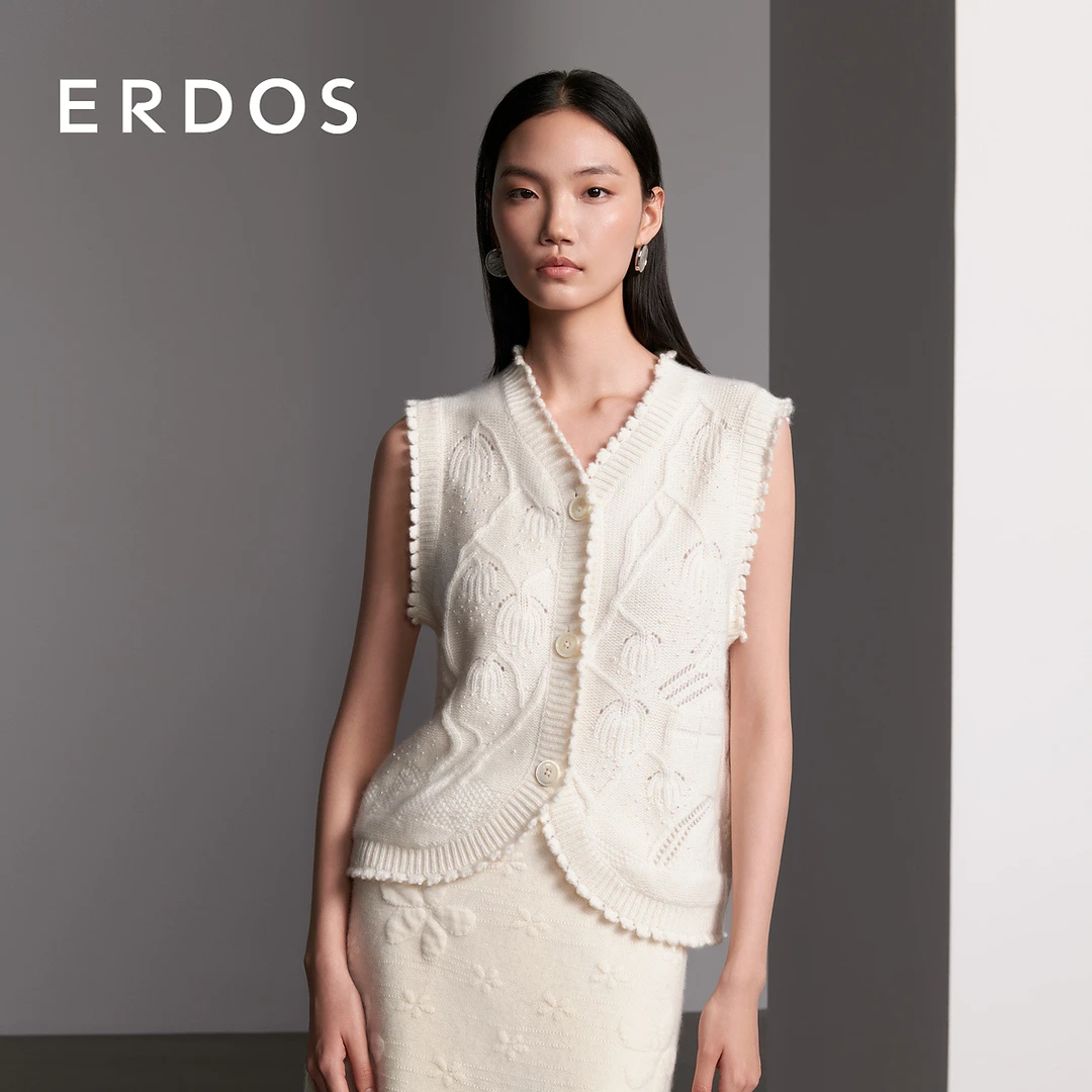 【博主同款】ERDOS初绒羊绒针织背心女春圆领宽松镂空翻花