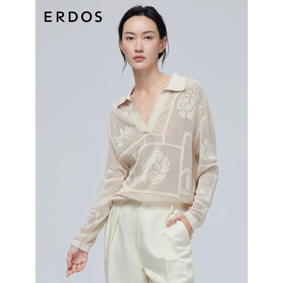 ERDOS 夏POLO领长袖镂空针织衫女无染色长袖薄上衣