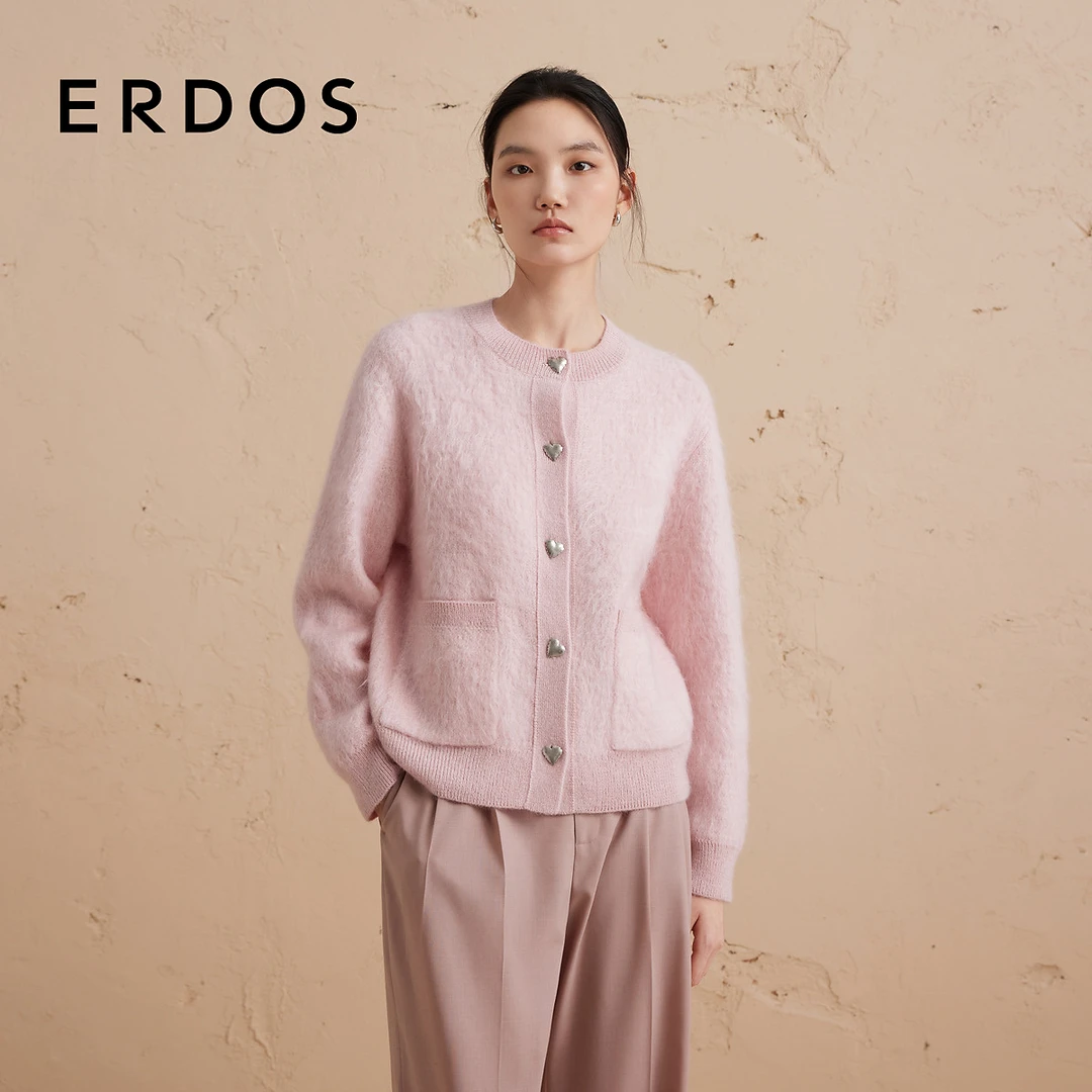 ERDOS 樱花粉桑蚕丝马海毛女开衫毛衣爱心扣【粉色水仙】秋冬新品
