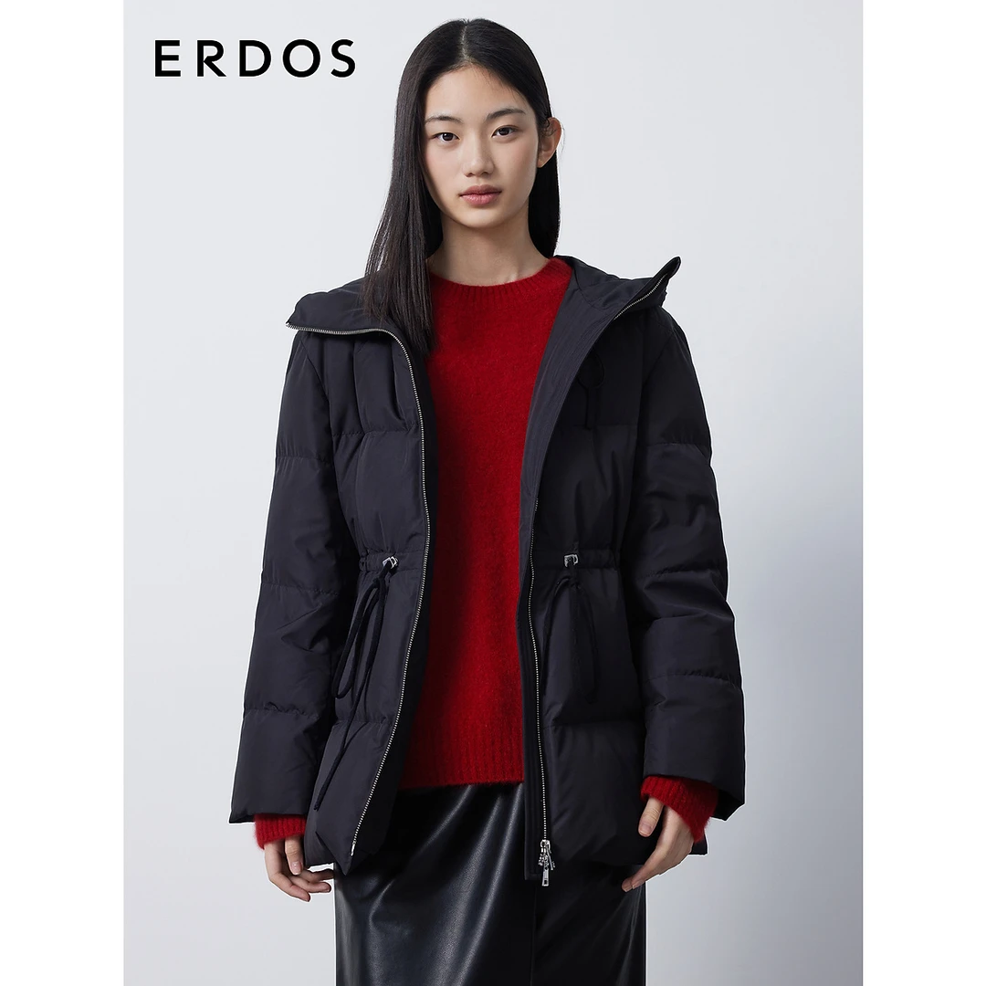 ERDOS 连帽90%白鹅绒羽绒服女秋冬短款双开拉链抽绳休闲外套