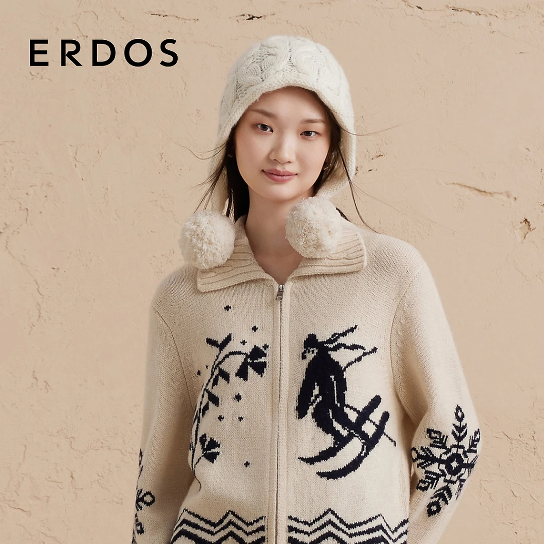 【绞花】ERDOS 山羊绒针织帽女年秋冬新品毛球时尚保暖护耳帽