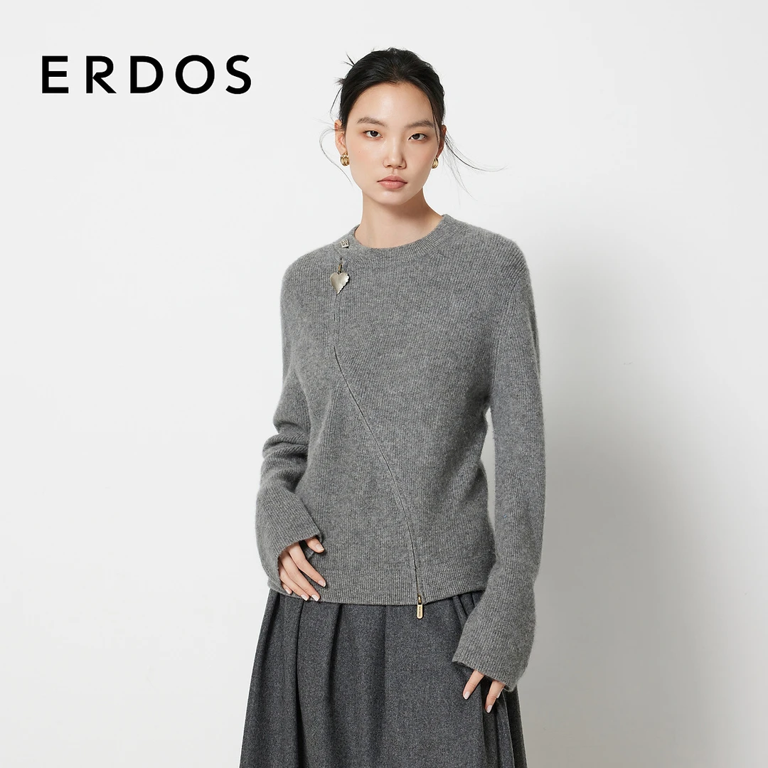 ERDOS 玛瑙灰拉绒女开衫斜曲线双开拉链【雪绒花】秋冬新品