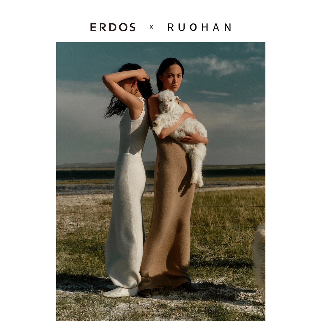 ERDOS×RUOHAN设计师联名款纯白色亚麻山羊绒高领背心女连衣裙