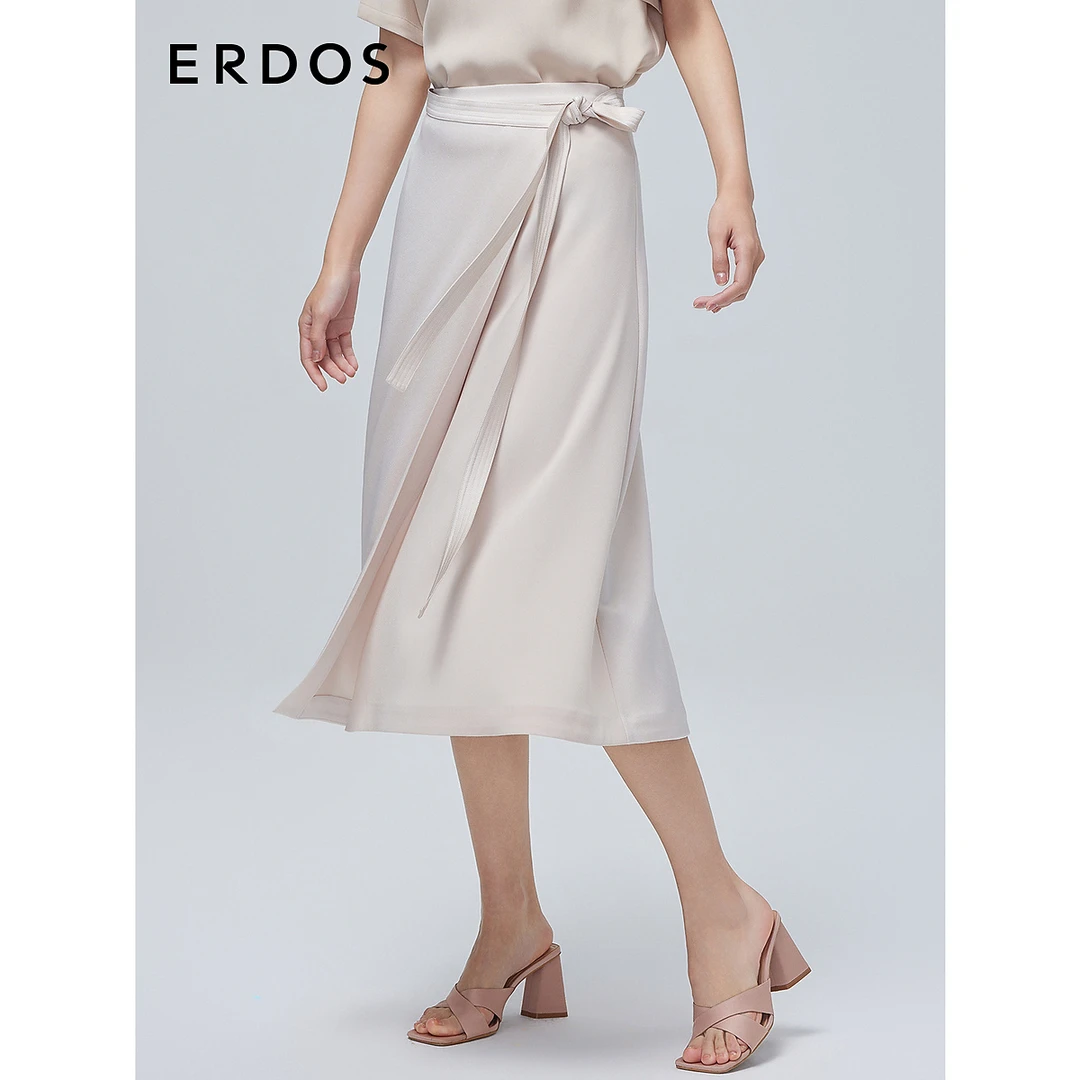 ERDOS 夏季法式围裹半身裙女柔雾粉慵懒三醋酸系带A字半裙