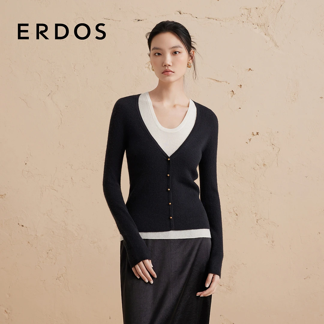ERDOS 假两件叠搭女羊绒开衫超细精纺羊绒【头道绒】