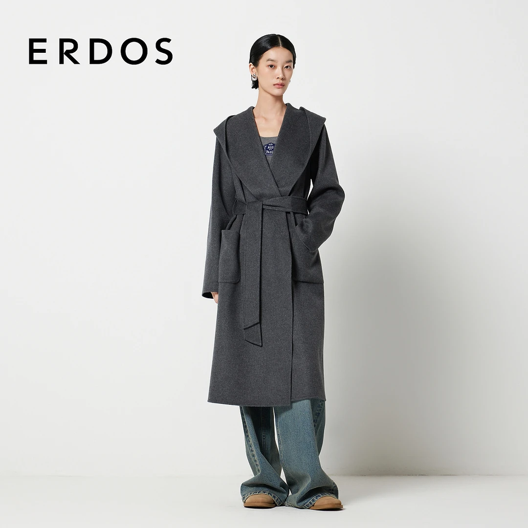 ERDOS 玛瑙灰女山羊绒双面连帽围裹大衣格雷系