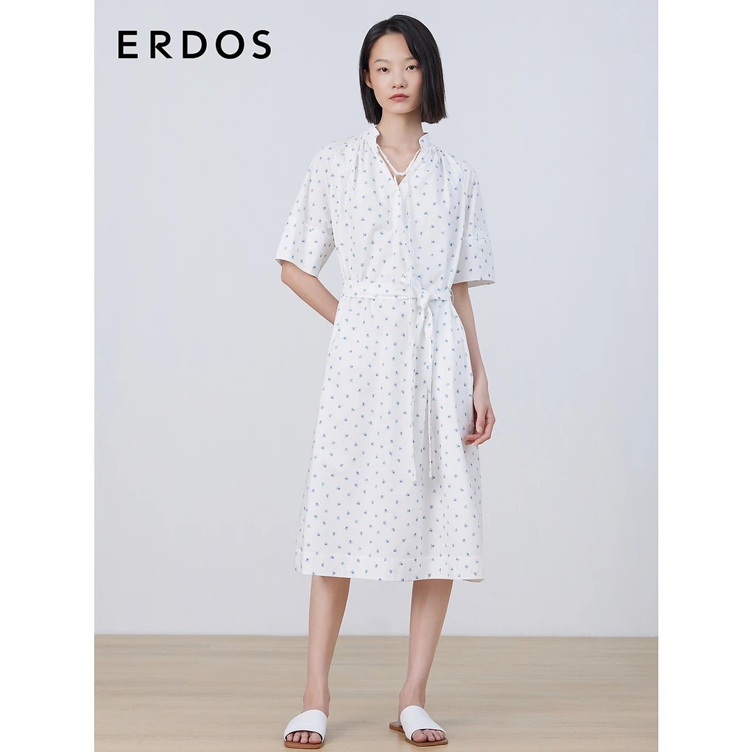 ERDOS 夏复古纯棉V领小雏菊连衣裙女度假风短袖系带中长裙