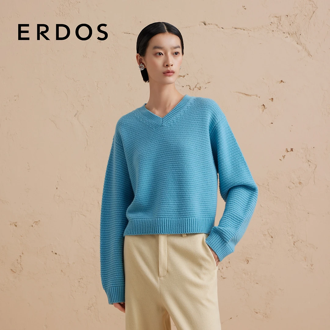 ERDOS 坦桑尼亚海岛蓝宽松短款小V领套衫【毕加索线条】秋冬新品