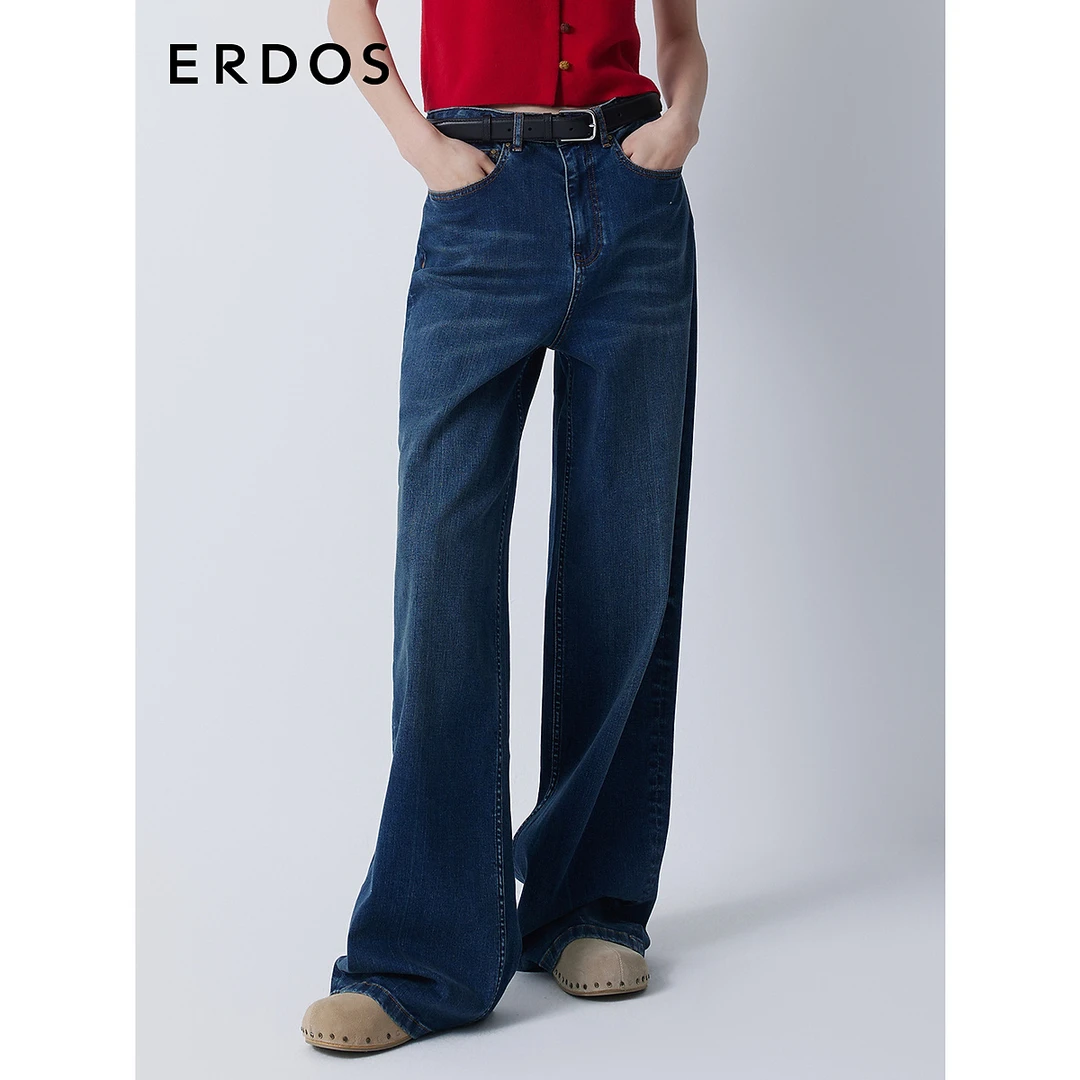 ERDOS 复古蓝色水洗牛仔裤女棉质宽松百搭阔腿休闲长裤