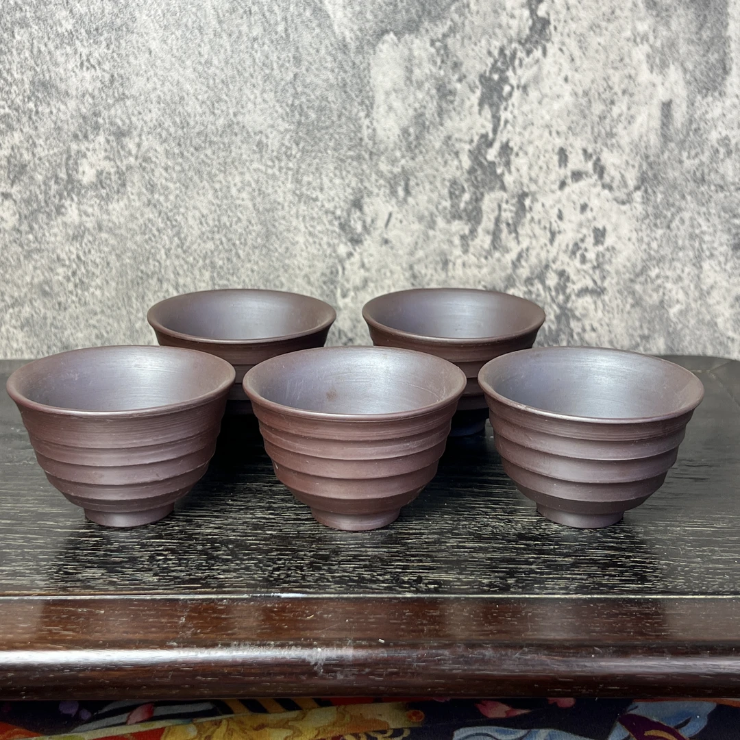 日本进口正品万古烧藤园一休作紫泥汤吞茶杯五客(有岁月痕迹)