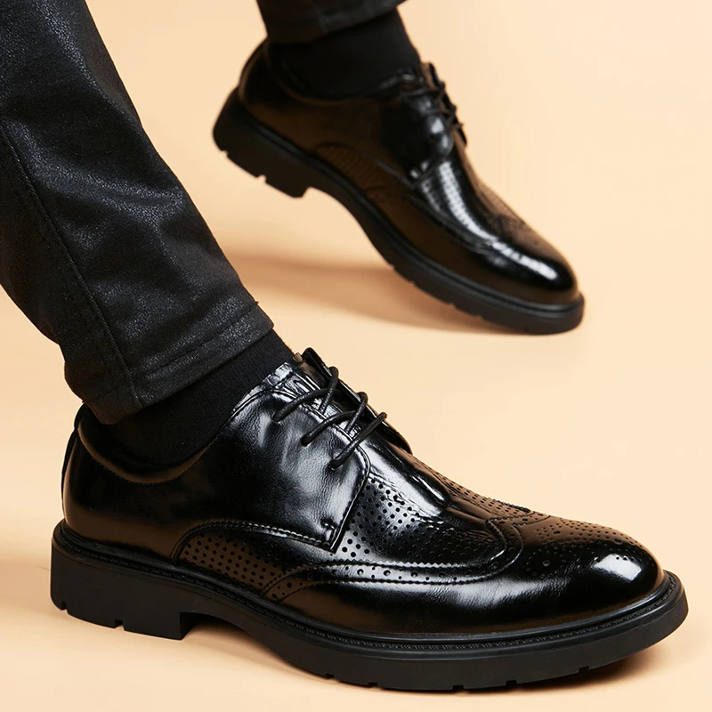 布洛克雕花皮鞋男夏季镂空透气商务正装时尚内增高男士休闲皮鞋