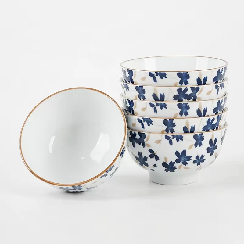 防烫青花釉下彩 简约家用小花款 陶瓷4.75英寸饭碗6个装