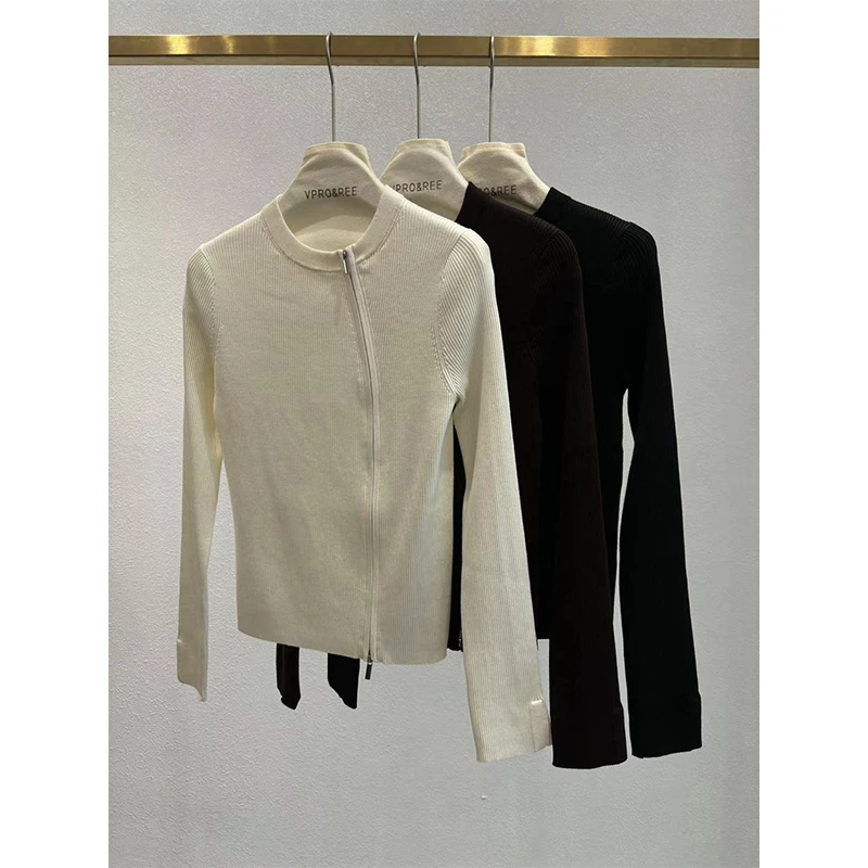 圆领斜拉链羊毛开衫7099