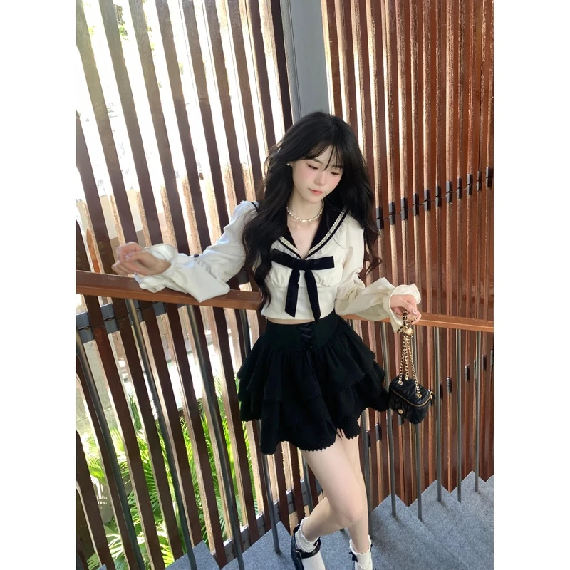 Blovelan贝蒂茶会 甜美学院风海军领蝴蝶结少女感短款套装早春