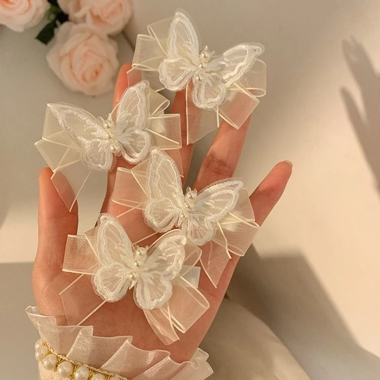 超仙白色网纱蝴蝶珍珠发夹女森系仙美蝴蝶结小号发卡侧边编发头饰