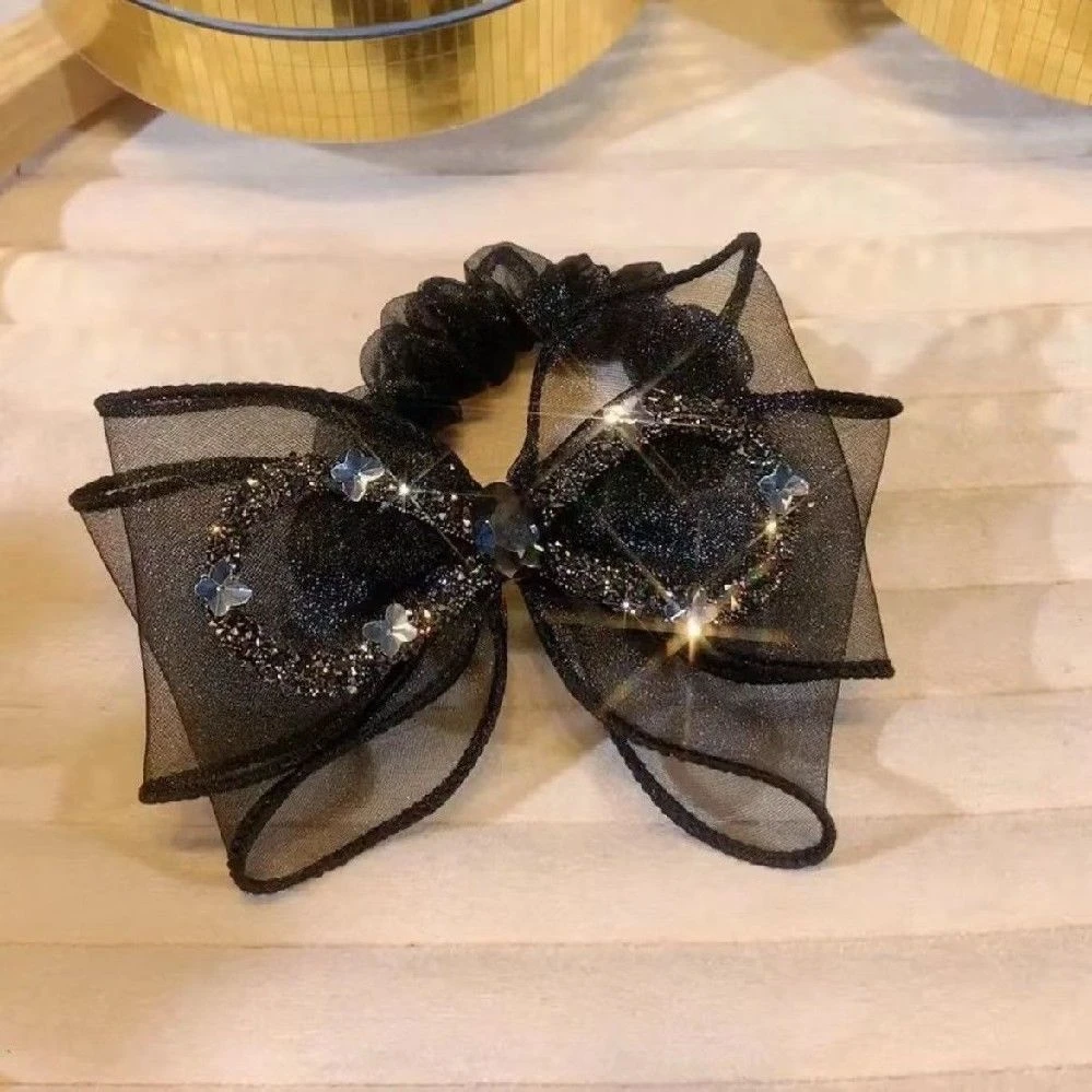 黑色网纱水钻蝴蝶结头绳女网红新款2023年皮筋女扎头发绳大肠发圈