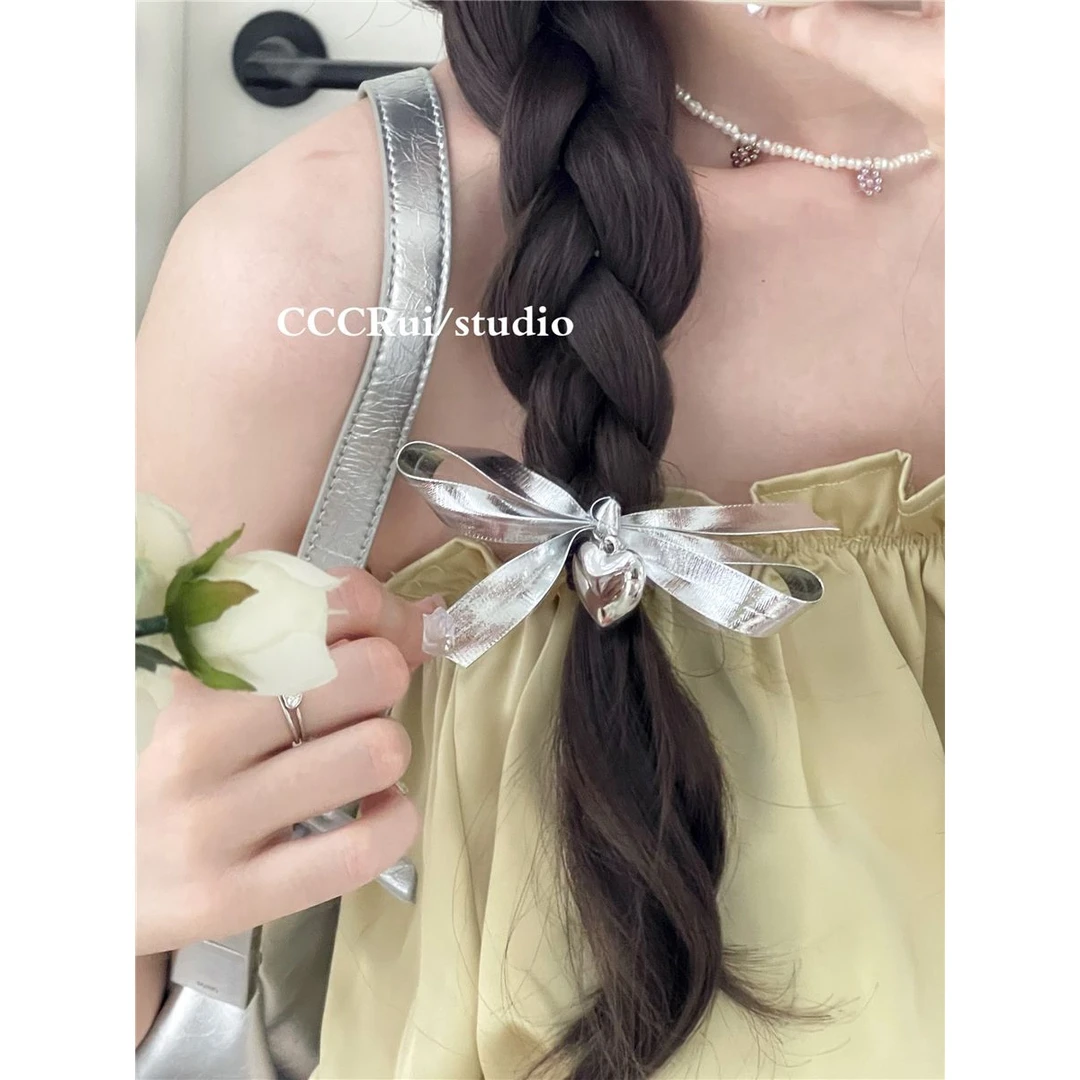 银色亮面蝴蝶结爱心发绳气质发夹发圈发饰文艺风pu皮质扎发头绳女