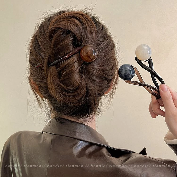 复古大气咖色珍珠一字抓夹女2024新款高级感扭扭发夹后脑勺鲨鱼夹