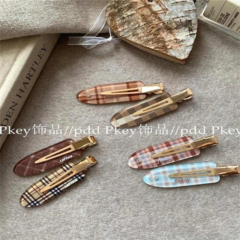 秋冬新款奶咖色格纹醋酸无痕夹化妆夹简约气质刘海夹碎发夹头饰女