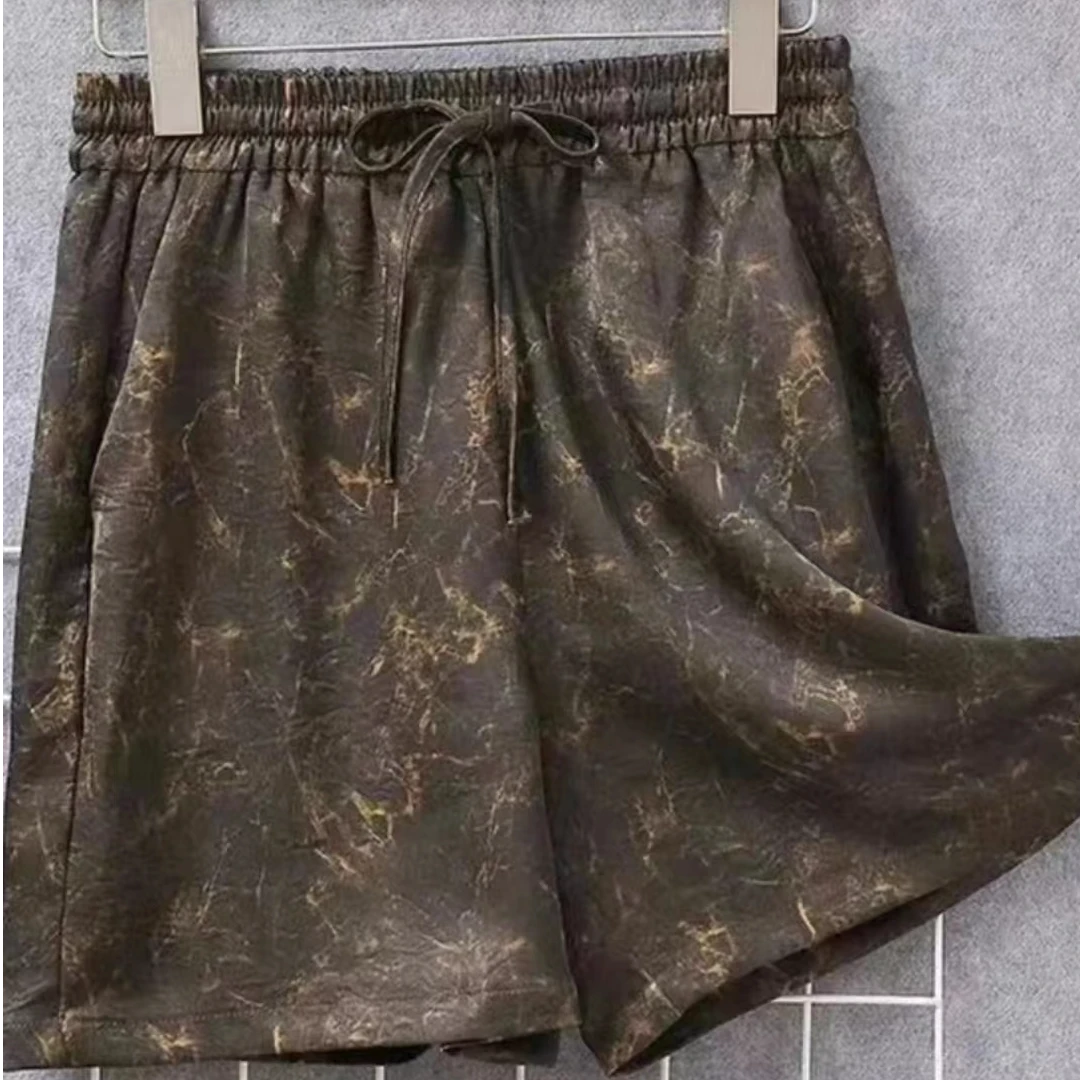 【油皮老料】高端定制龟裂纹老料油皮松紧腰抽绳女士夏季短裤067