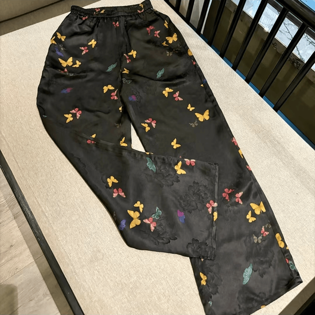 【彩蝶】新中式国风蝴蝶花萝图案复古高腰直筒长裤912