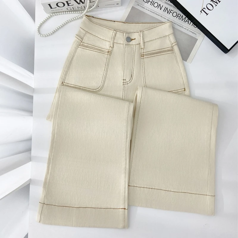 【9018通用】2024秋冬新款米白加绒牛仔裤女阔腿裤微喇裤弹力休闲