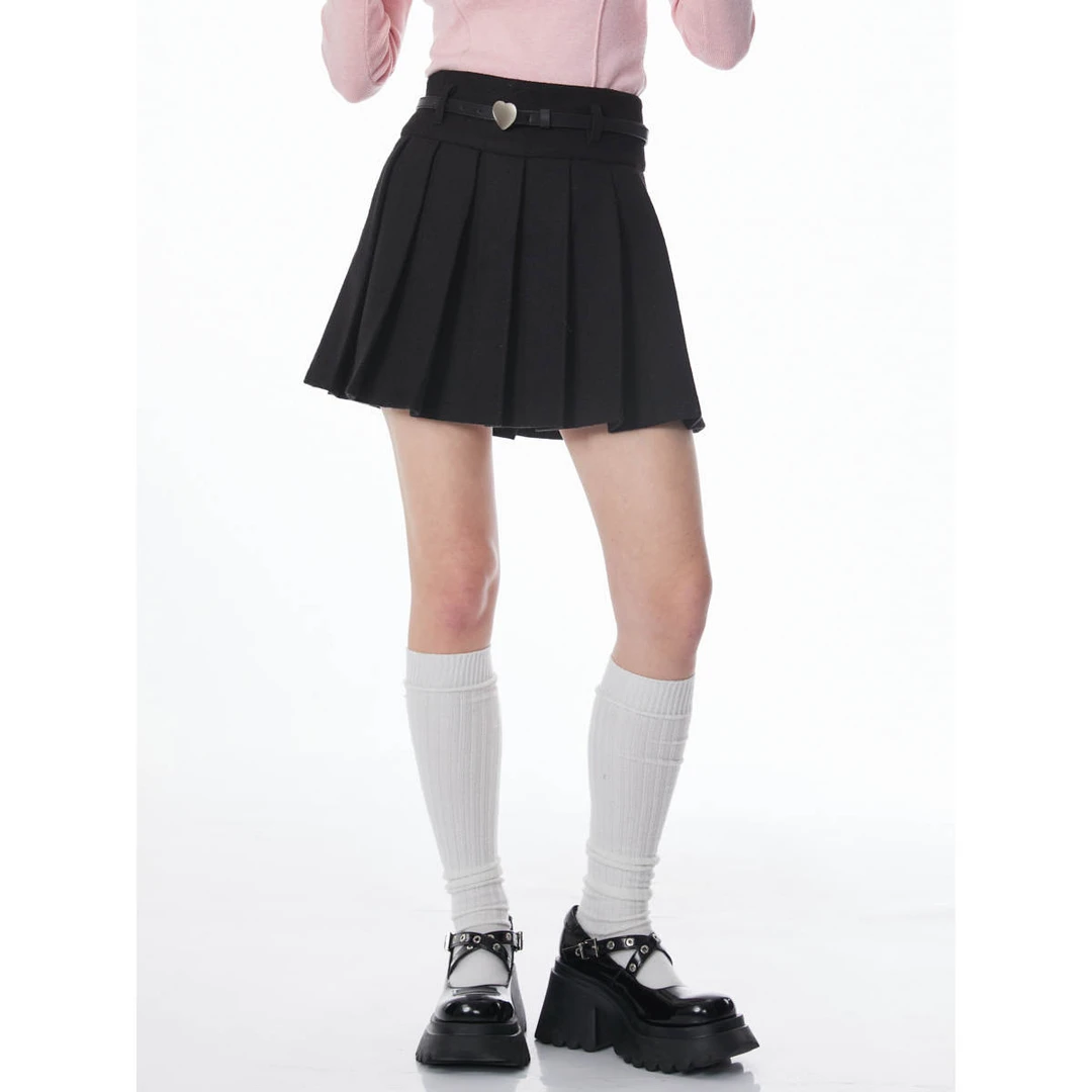 ziziFei秋冬美式复古高腰显瘦a字妮子黑色加厚百褶毛呢半身短裙女