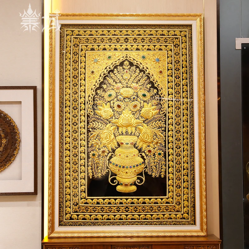 泰域纯手工超大号刺绣黑底铜丝花开富贵装饰画 花卉造型客厅挂画