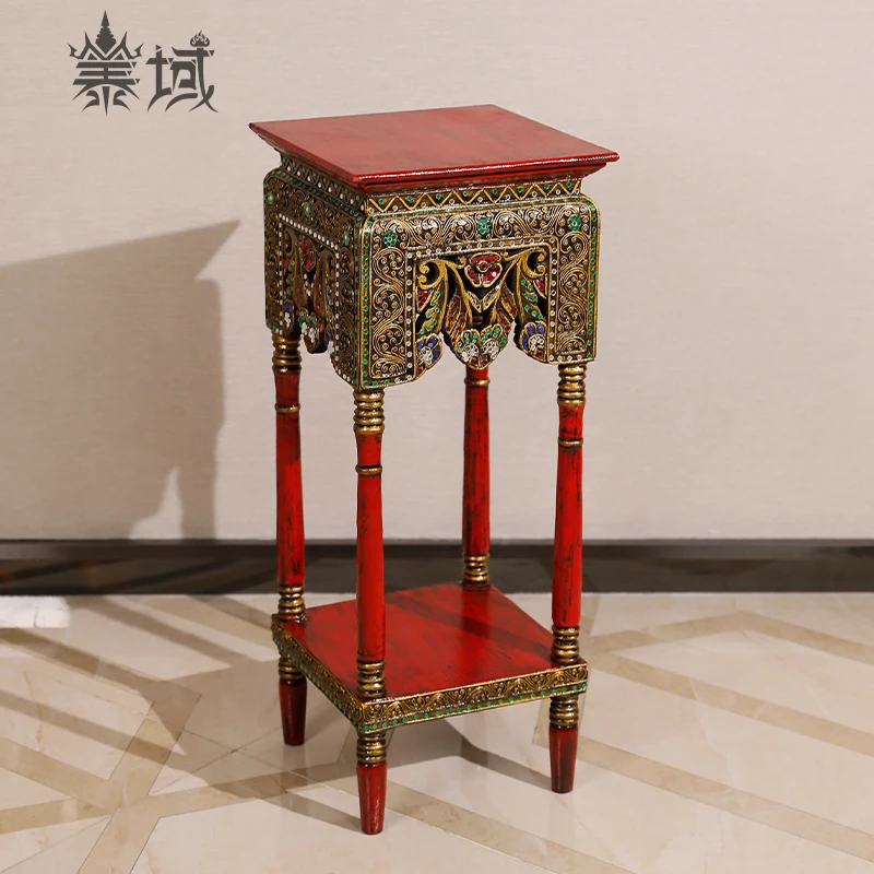 泰域东南亚雕花客厅角落花架 家用沙发边桌侧边方桌角几E2-318