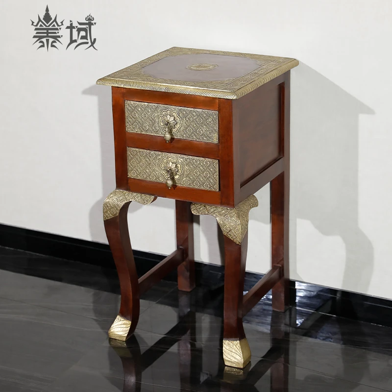 印度铜包木全实木雕花柜子 客厅门厅边柜玄关柜小脚几E2-330