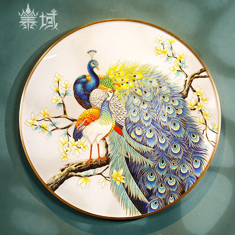 泰域新中式孔雀珐琅彩装饰画 轻奢入户客厅卧室书房玄关装饰挂画