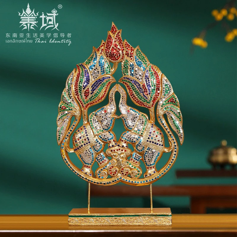 泰域东南亚双象大象彩玻摆件 泰式玄关装饰品实木雕工艺品A2-727