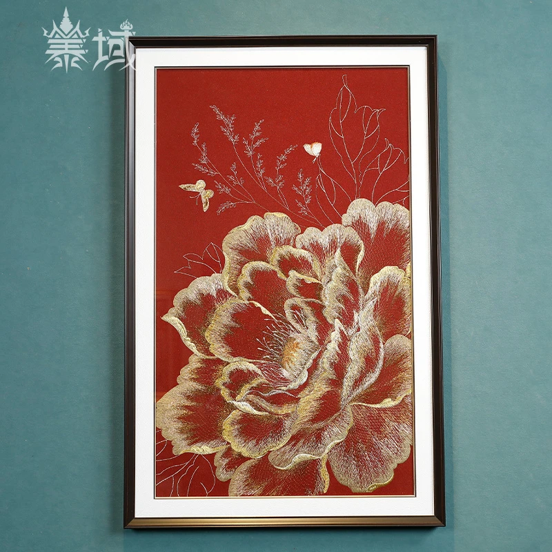泰域现代新中式牡丹挂画 手工织锦绣客厅沙发背景墙装饰画