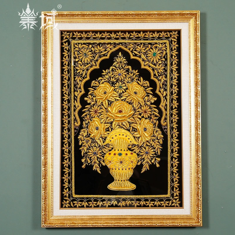 泰域手工刺绣黑底铜丝花开富贵装饰画 卧室客厅五金花造型壁画