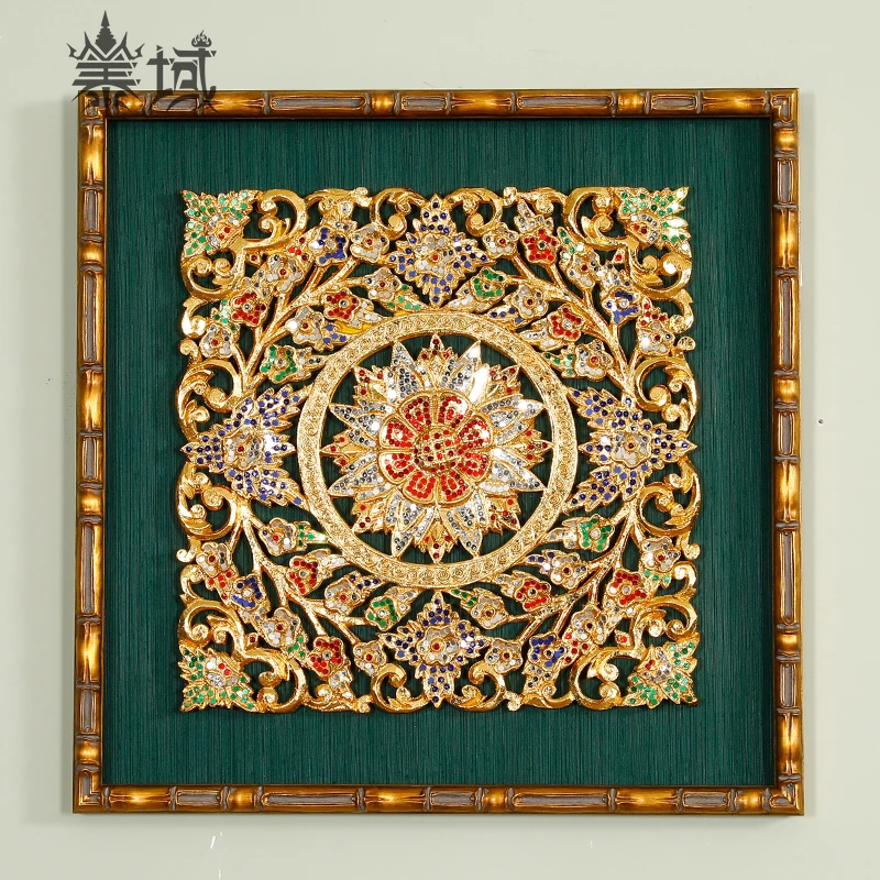 泰域《金莲花》手工雕刻立体金箔彩玻 茶室背景挂画桌面摆台装饰画