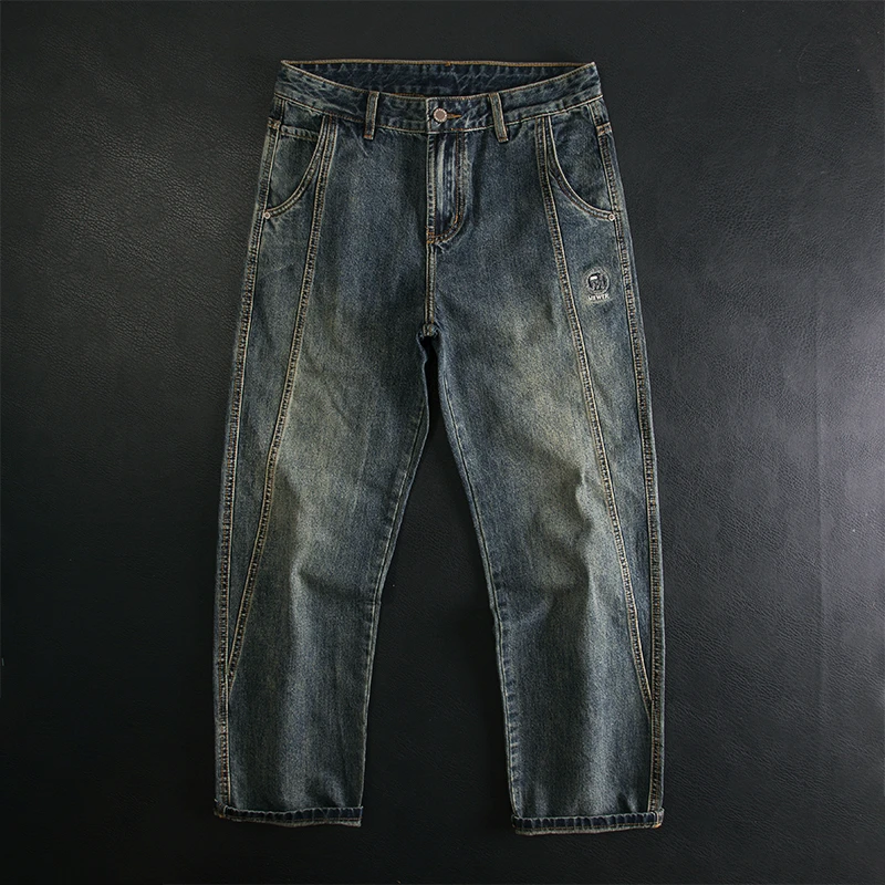 潮牌牛仔裤男直筒宽松复古做旧休闲时尚个性高街痞帅无弹长裤子男