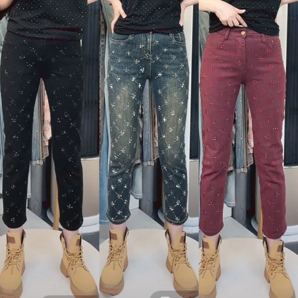 牛仔裤女烟管裤重工烫钻修身直筒裤设计师蓝色水洗