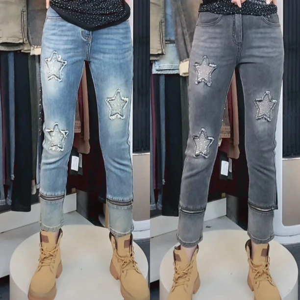 女中腰刺绣冬季牛仔裤破洞蓝色常规厚度直筒百搭夏季春季大码