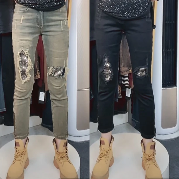 小众设计师加绒加厚牛仔裤女修身8分烟管裤大码破洞潮流拉链烫钻